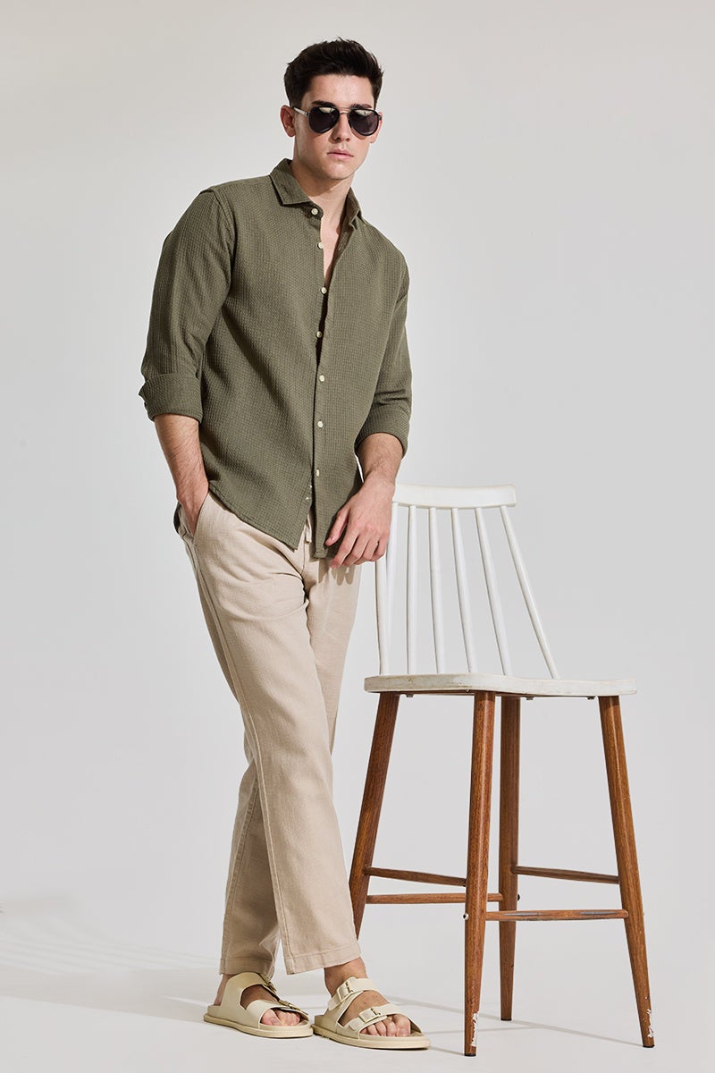 SNITCH Olive Slim Fit Textured Shirt - Image 4